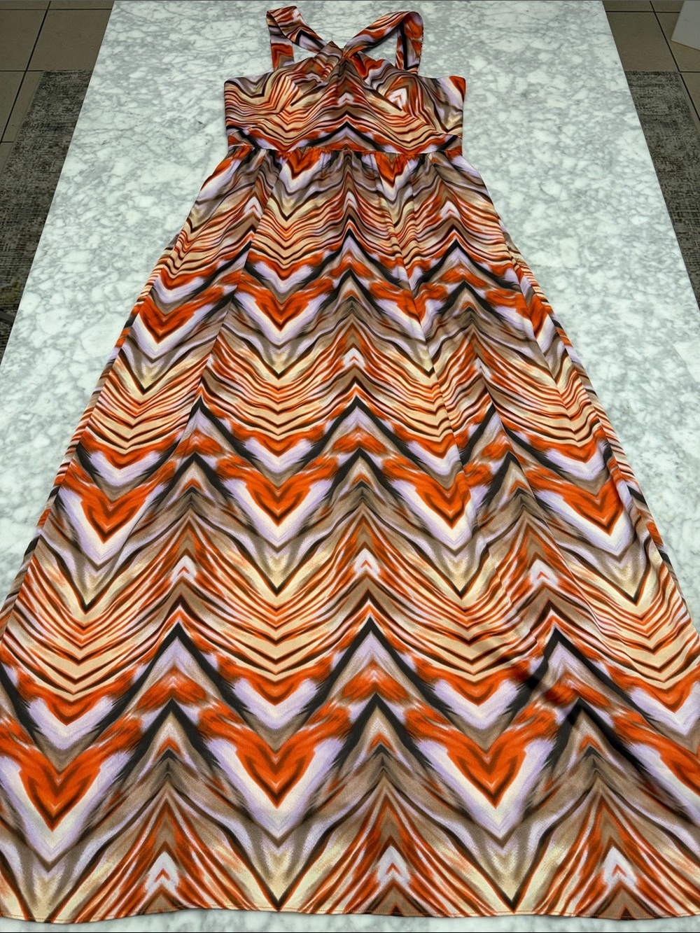ANTONIO MELANI Orange, Brown & Cream Chevron Maxi Dress with Crisscross Straps